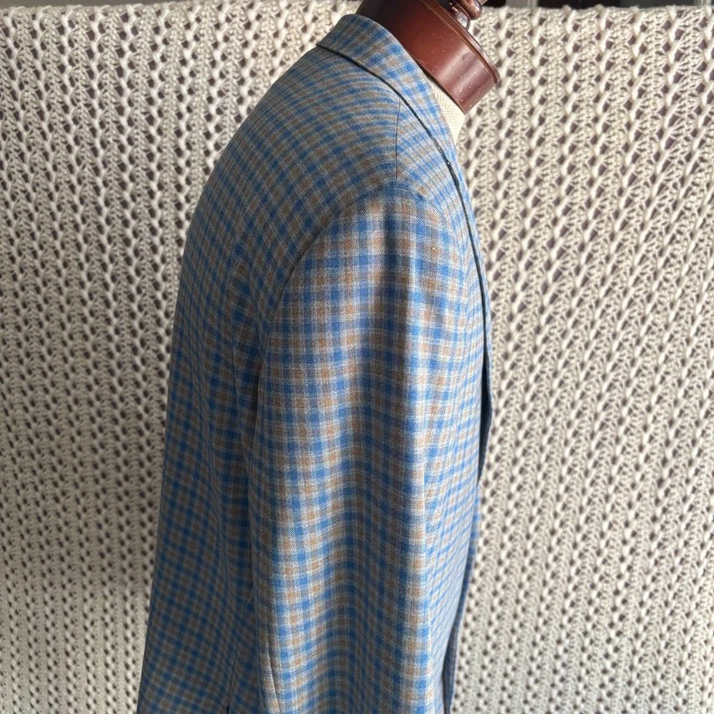 Bespoke Holland & Sherry Tom James Check Wool Sport‎ Coat Tailored Fit Blue 46L